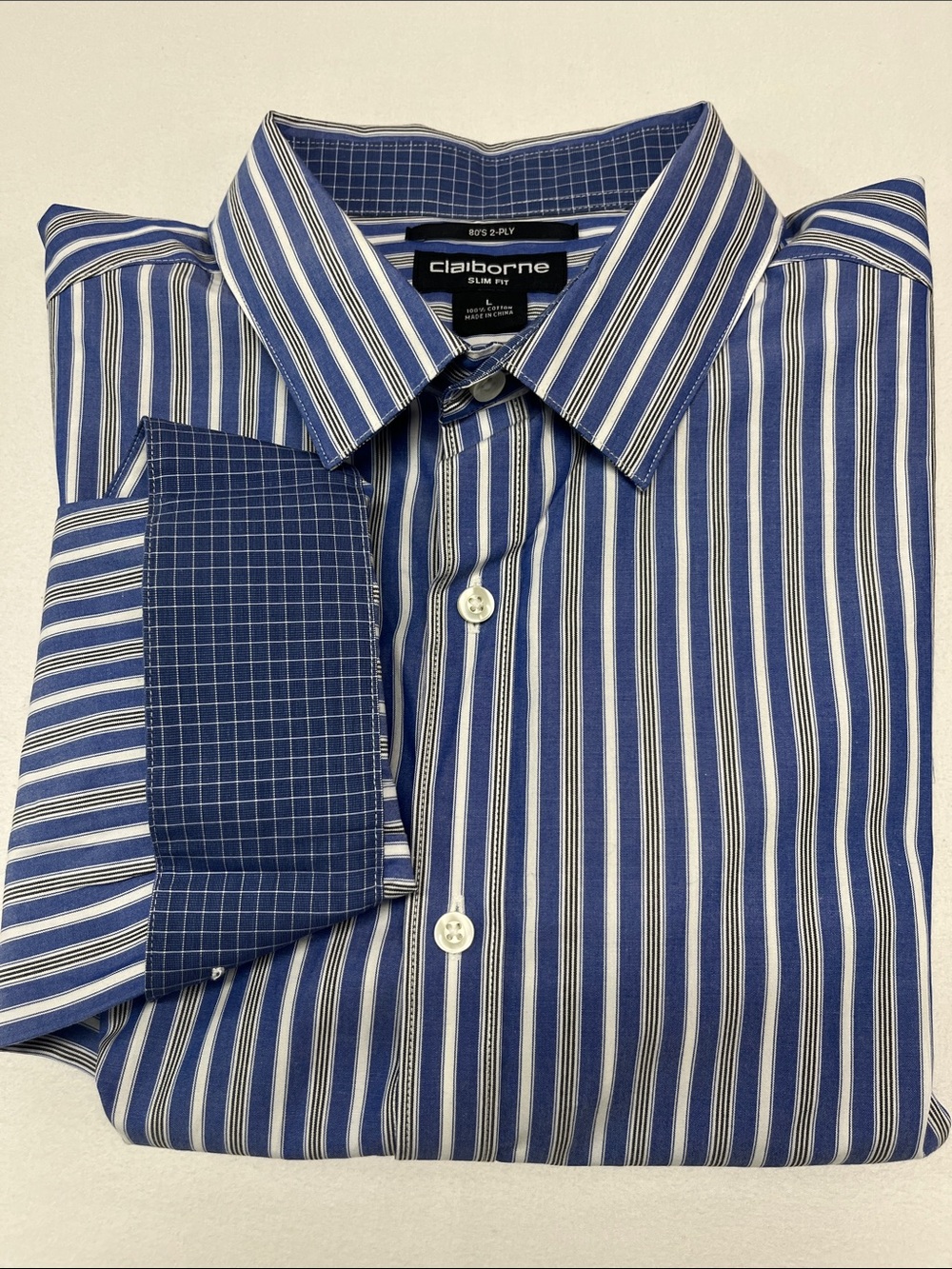 Liz Claiborne Blue&White Striped Men's Dress Shirt Large slim fit 17x37 work1385
